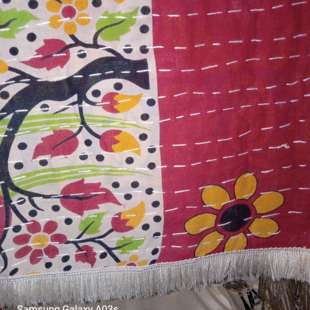 Kantha Scarf Or Table Runner Fringe 18" x 54" Trees Flowers Cotton Handmade KS1 - Picture 2 of 5